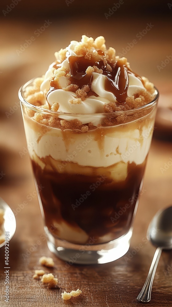 Delicious dessert featuring layers of creamy vanilla, caramel drizzle, and crunchy topping enjoyed at a cozy cafe Delicious dessert featuring layers of creamy vanilla, caramel drizzle, and crunchy topping enjoyed at a cozy cafe