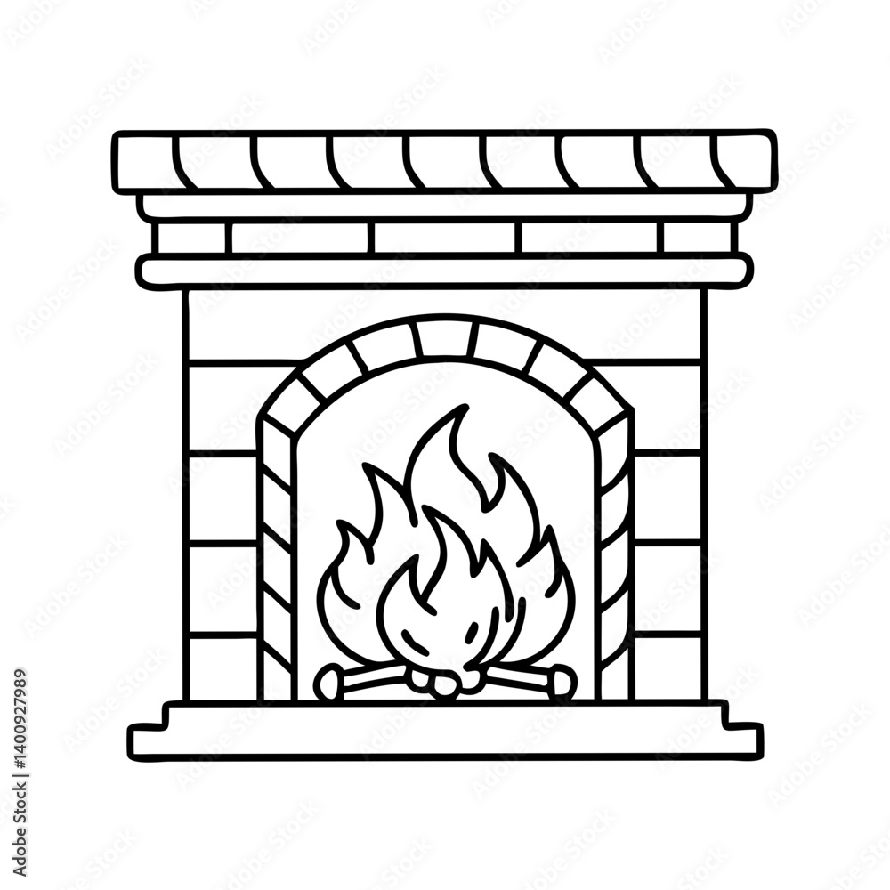 Cozy Fireplace Illustration with Brickwork and Festive Striped Mantelpiece Cozy Fireplace Illustration with Brickwork and Festive Striped Mantelpiece