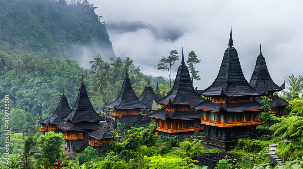 Traditional Toraja Houses Surrounded by Lush Greenery and Foggy Mountain Landscape of Sulawesi Indonesia