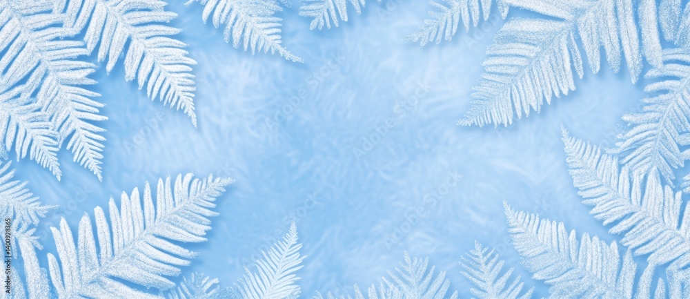 White frosty fern patterns frame a light blue background, creating a serene winter scene. Ideal for holiday or seasonal designs. White frosty fern patterns frame a light blue background, creating a serene winter scene. Ideal for holiday or seasonal designs.