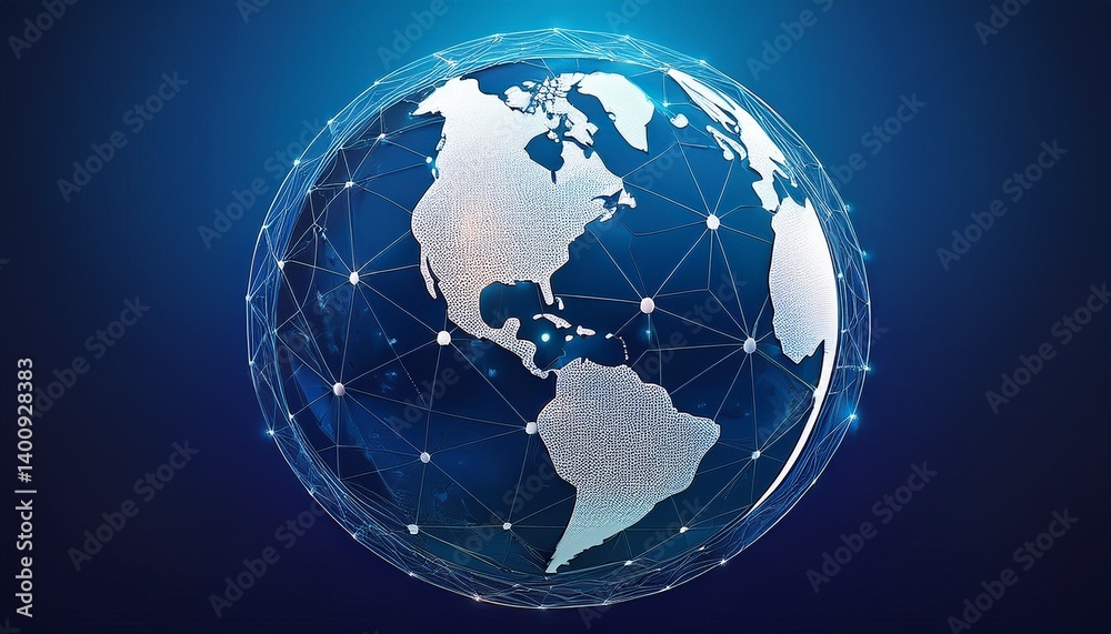 Fototapeta premium stylized globe white continents blue backdrop connection lines network global scene generative ai