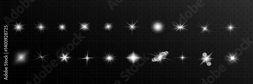 Glow isolated white transparent starlight effect set, lens flare, explosion, line, sun flash, glitter, spark and stars. Abstract special effect element design. Shine ray with lightning,