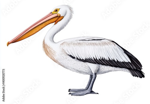 Detailed illustration of a pelican, predominantly white with black wingtips and a long orange beak, set against a plain white background.
