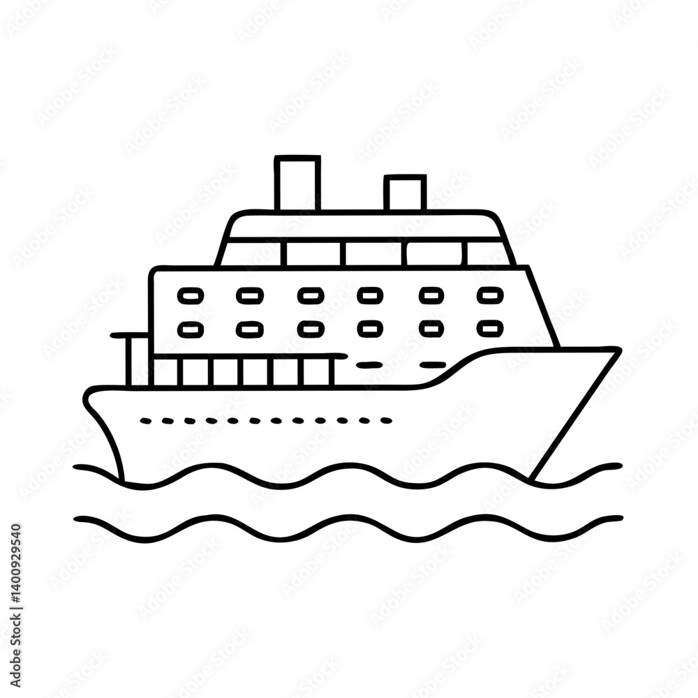 Large Cruise Ship Sailing on Calm Ocean Waves a Line Art Illustration Large Cruise Ship Sailing on Calm Ocean Waves a Line Art Illustration