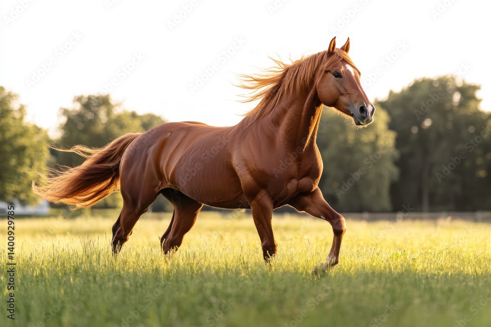 Chestnut horse running in a grassy field with trees in the background. Chestnut horse running in a grassy field with trees in the background.