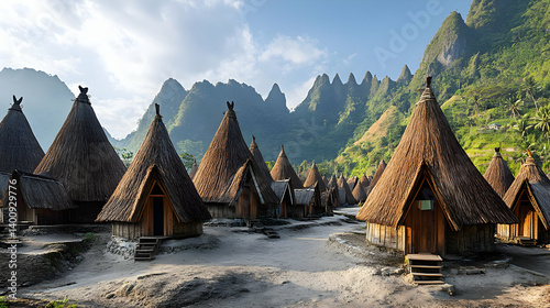 Traditional Village With Thatched Roof Houses Amidst Green Mountains Under Bright Sky Outdoor Daytime Scene