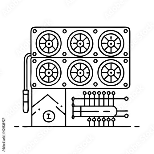 Illustration of a Cryptocurrency Mining Rig with Multiple GPUs and Cooling Fans