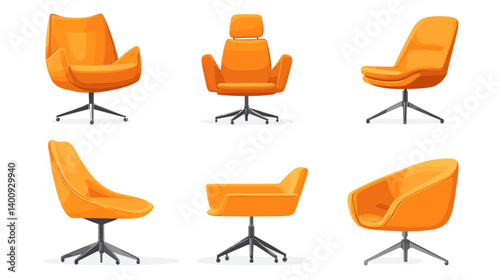 Orange Modern Chair Set: Multiple Views of Stylish Armchairs and Office Chairs