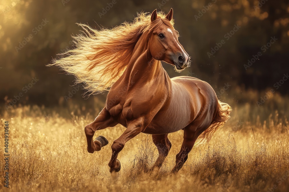 A brown horse runs through a field with long flowing mane and tail. A brown horse runs through a field with long flowing mane and tail.