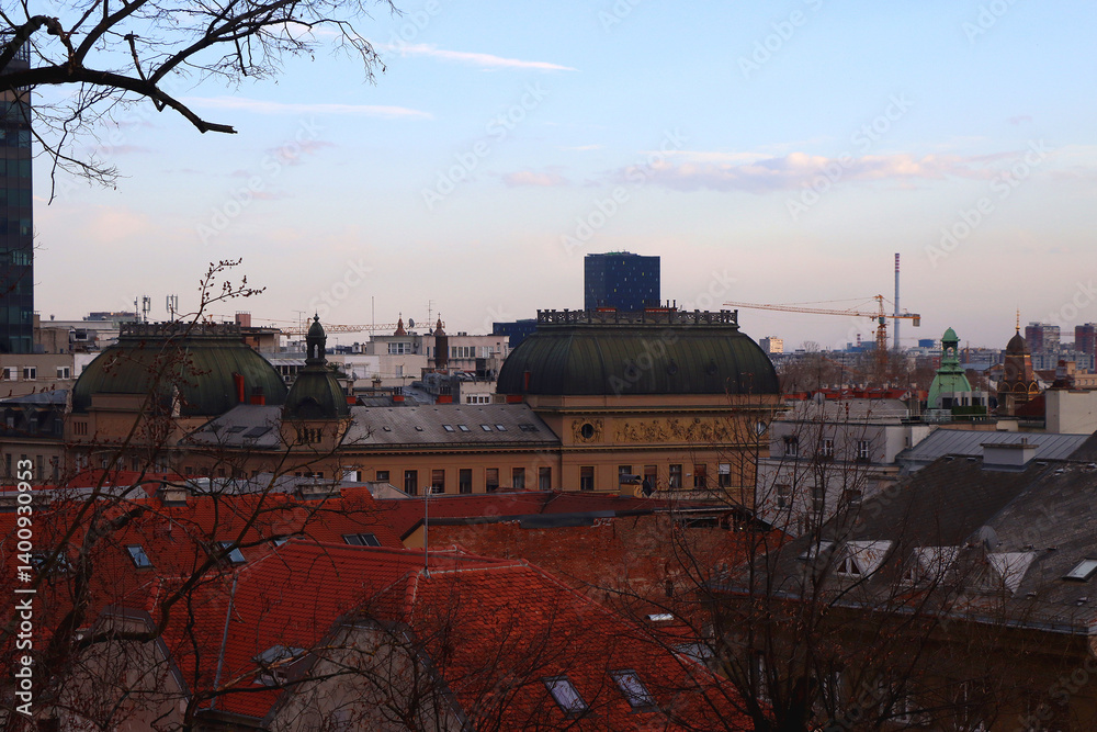 Various historic and contemporary buildings in downtown Zagreb, Croatia.