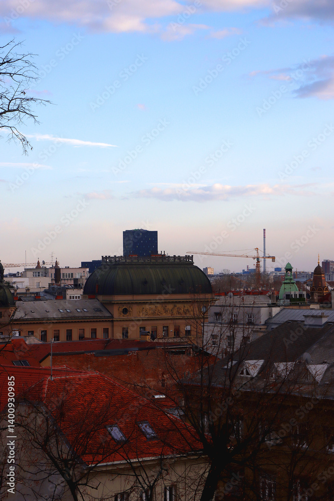 Various historic and contemporary buildings in downtown Zagreb, Croatia.