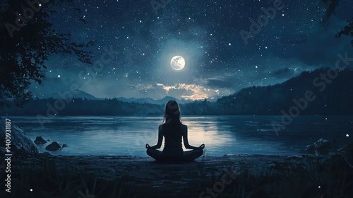Night Serenity: A Woman Meditates by a Tranquil Lake Under a Full Moon and Starry Sky