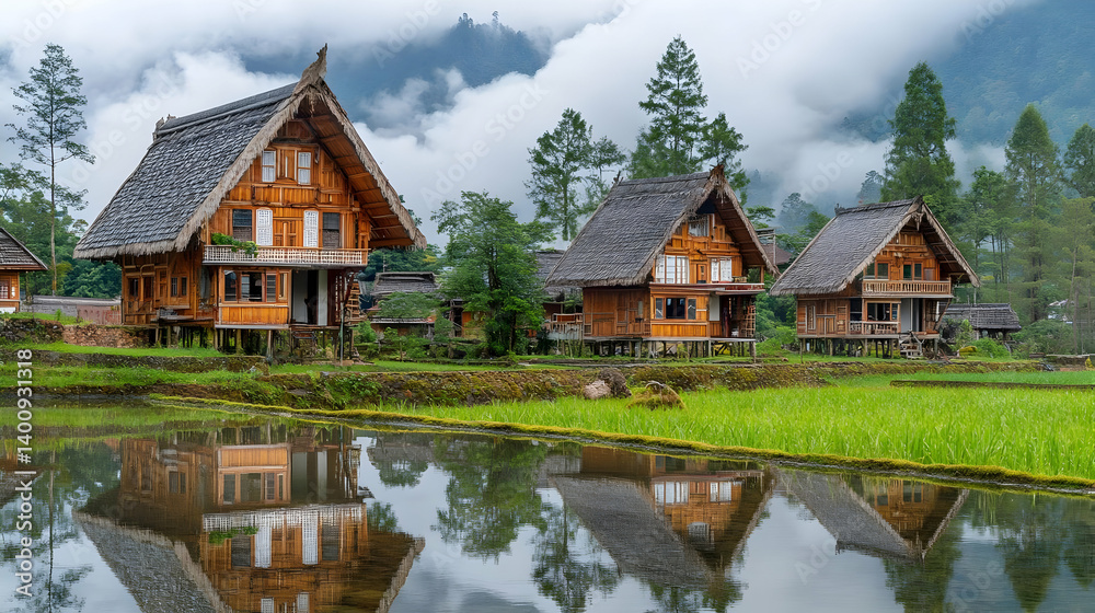 Traditional Wooden Houses with Thatched Roofs Reflected in Still Water Green Rice Paddy Fields and Forested Hills on an Overcast Day