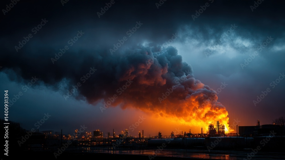 Fototapeta premium A massive fire engulfs an oil refinery, billowing black smoke skyward.