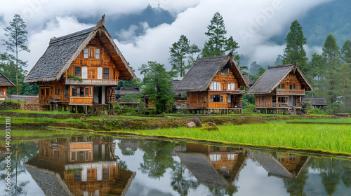 Obraz na płótnie Traditional Wooden Houses with Thatched Roofs Reflected in Still Water Green Rice Paddy Fields and Forested Hills on an Overcast Day w salonie