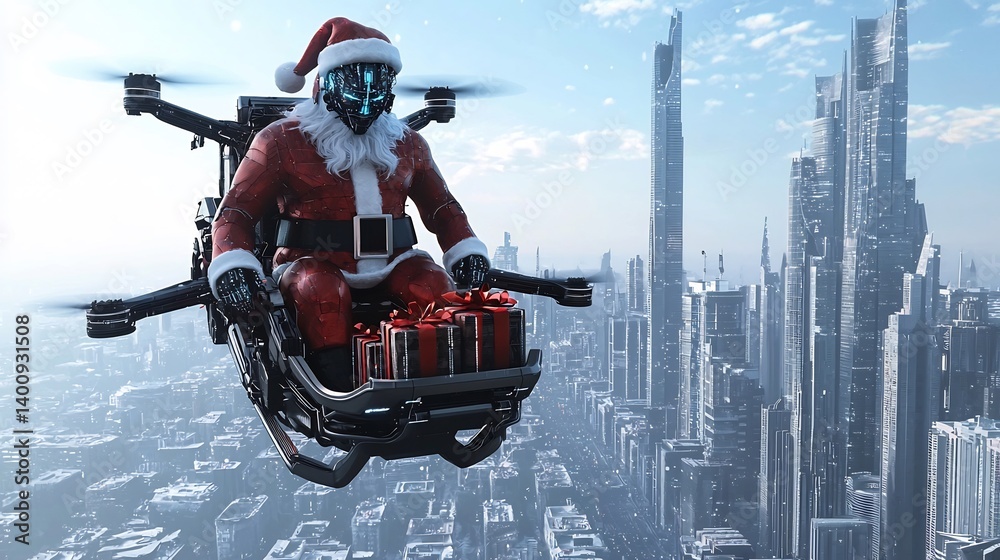 Fototapeta premium Santa Claus wearing cybernetic suit delivering gifts using a high tech drone sleigh over a futuristic megacity