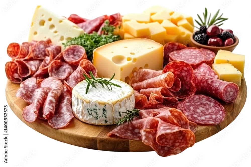Delicious Charcuterie Board Salami Cheese Camembert on a Rustic Wooden on transparent background Delicious Charcuterie Board Salami Cheese Camembert on a Rustic Wooden on transparent background
