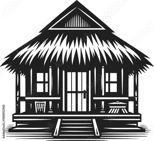Neat and clean black color silhouette of hut, village hut vector art, hut house vector art, hut tree valley vector with palm tree and trees, river and canoe, native house, home vector design elements