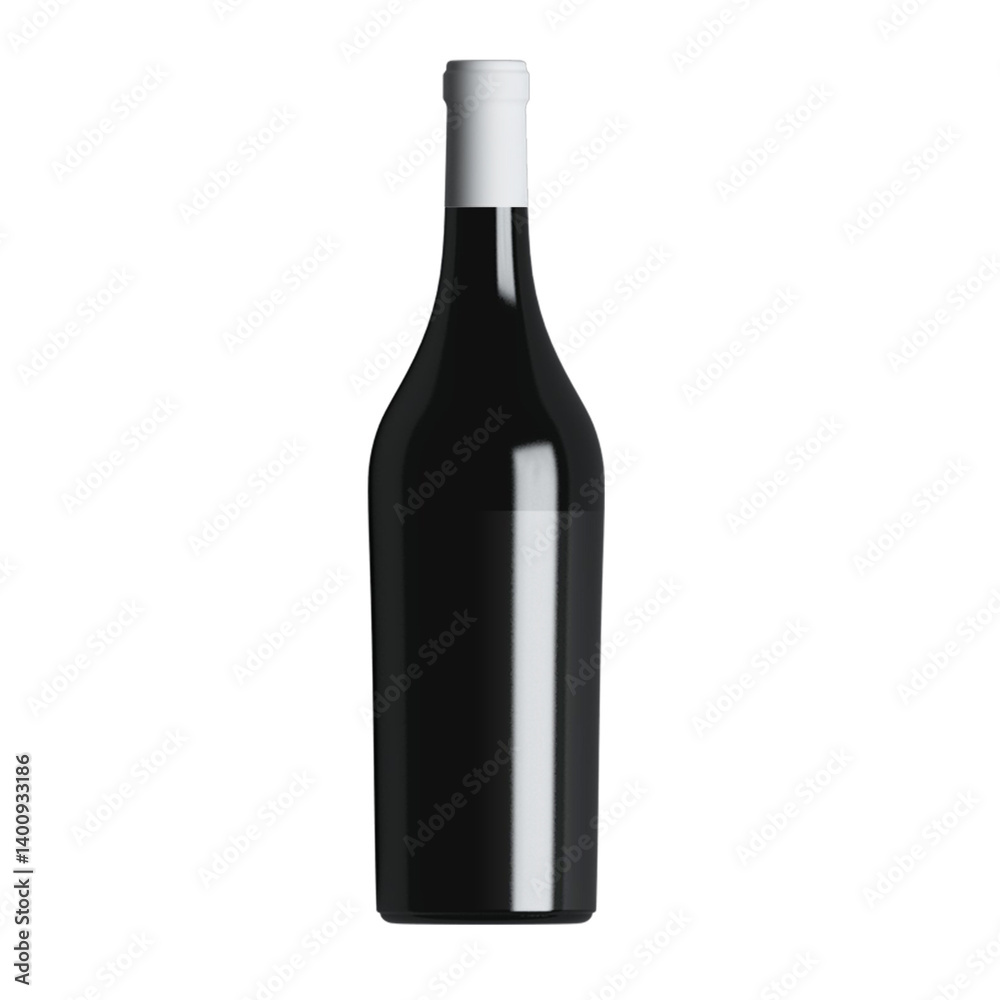 A simple black wine bottle with a white cap, commonly used for packaging wine. A simple black wine bottle with a white cap, commonly used for packaging wine.
