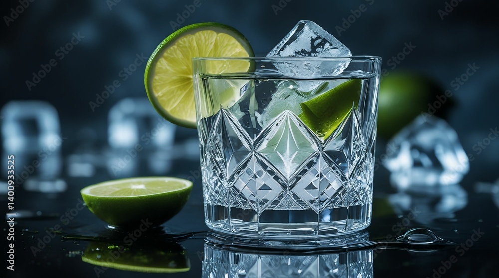 Crystal Glass with Ice Cubes and Lime Wedge Garnish