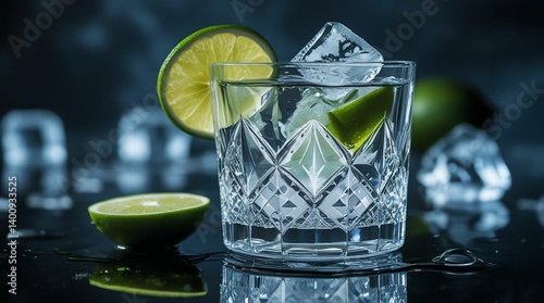 Obraz na płótnie Crystal Glass with Ice Cubes and Lime Wedge Garnish w salonie