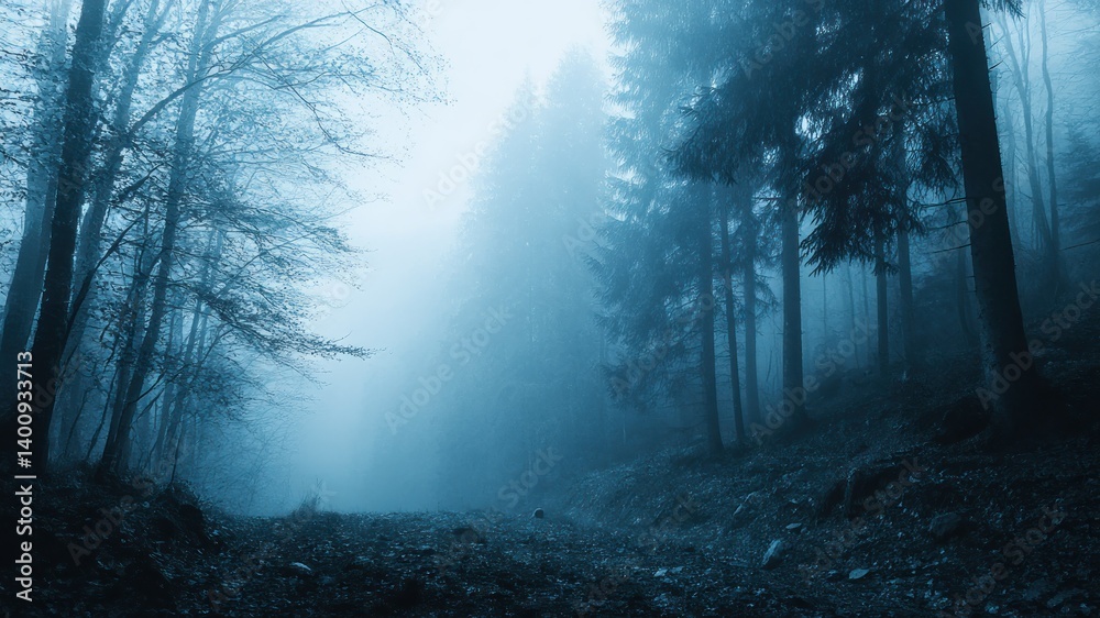 Fototapeta premium Eerie blue forest engulfed in fog with towering trees and a mysterious path.