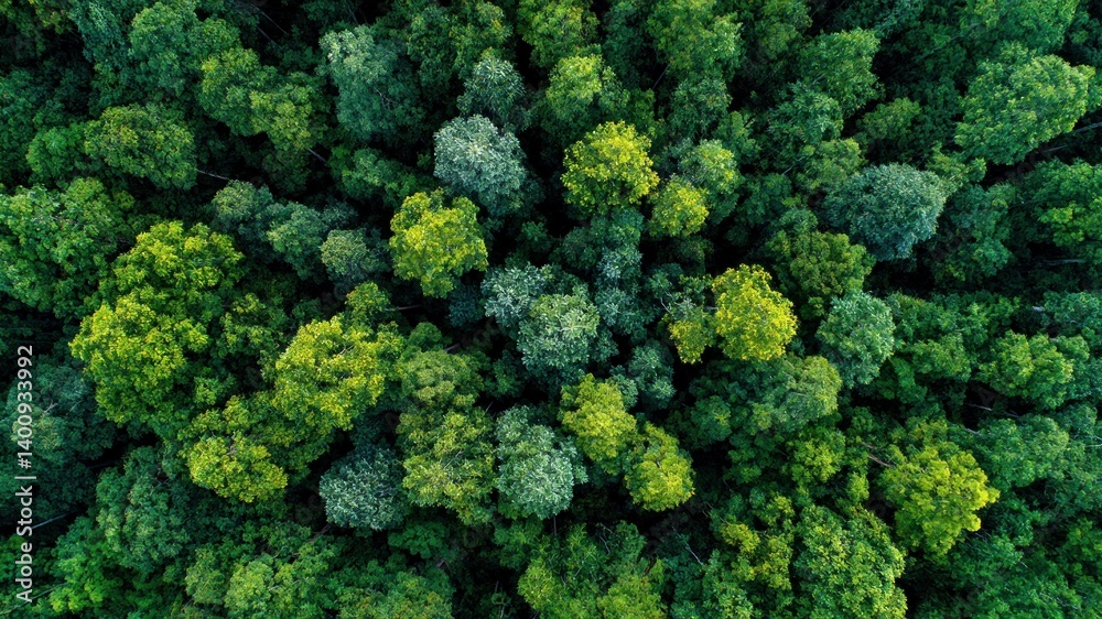 Naklejka premium Aerial view of a lush, green forest canopy. Nature and the environment.