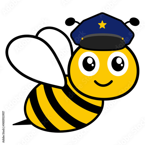 Capitan bee with police hat. Cute flying honeybee officer character. Vector illustration isolated on white.