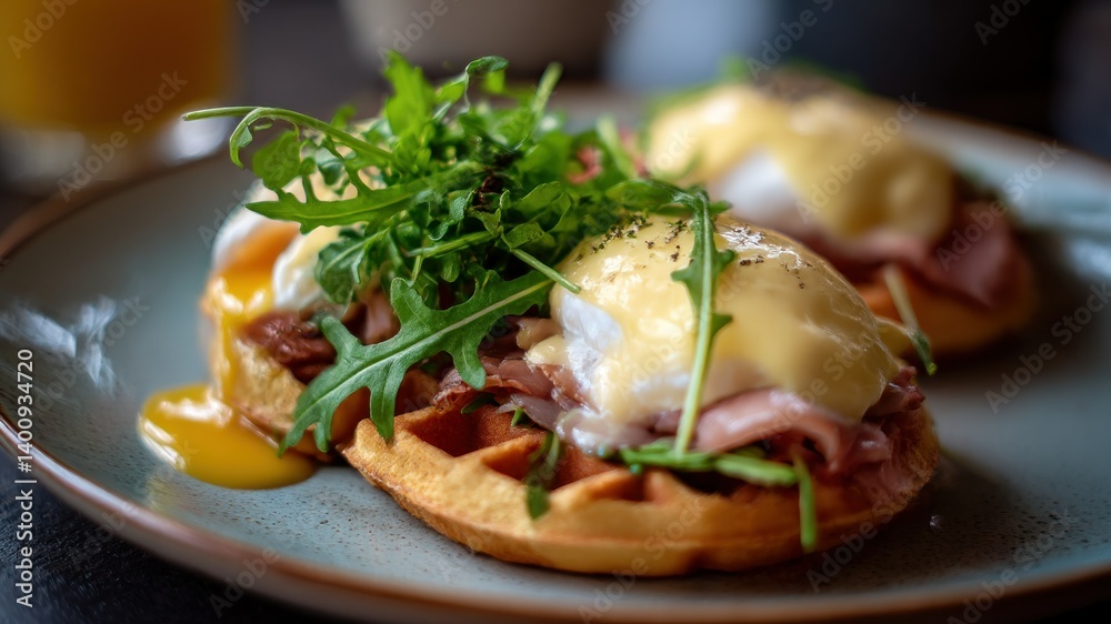 Delicious Eggs Benedict on waffles, topped with arugula on a stylish plate.