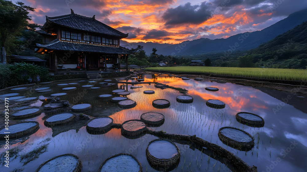 Tranquil Sunset Reflecting on Traditional Asian Building in Rural Landscape with Water Reflection and Mountain Backdrop