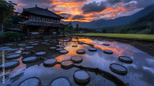 Obraz na płótnie Tranquil Sunset Reflecting on Traditional Asian Building in Rural Landscape with Water Reflection and Mountain Backdrop w salonie