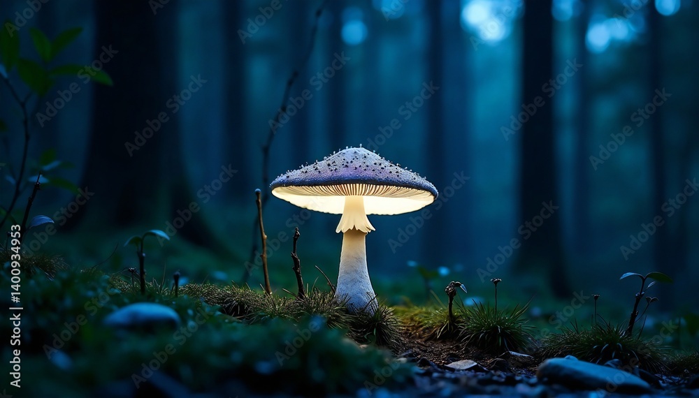 Fototapeta premium A glowing mushroom illuminated from within stands on a moss covered forest floor. Tall trees and soft blue lighting create a misty, ethereal scene.