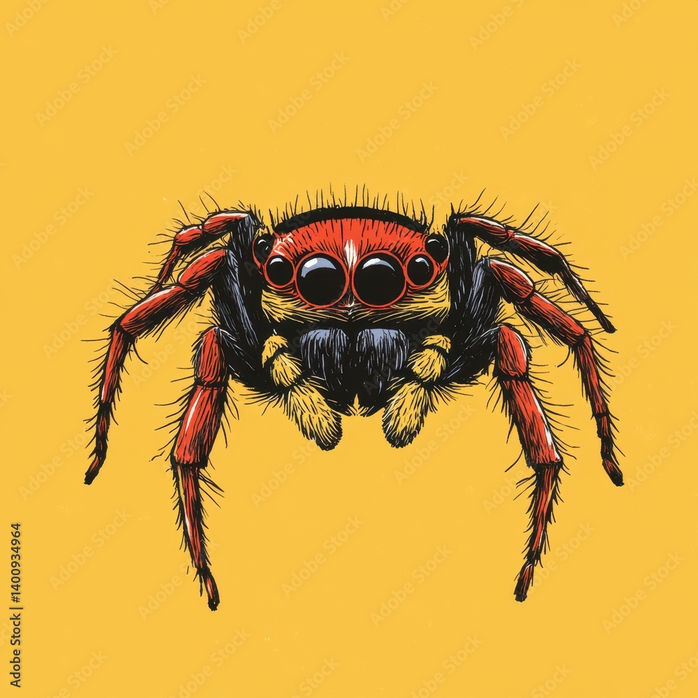A jumping spider on a colorful background