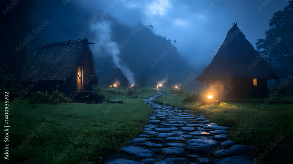 Tranquil Village Landscape with Stone Pathway and Thatched Huts Under a Misty Night Sky