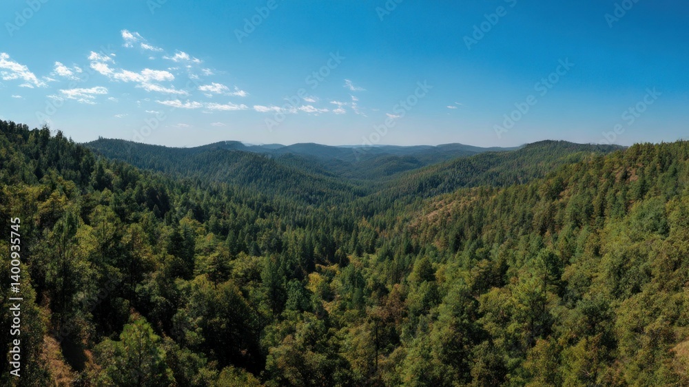 Lush forest covers rolling hills under a clear, blue sky with scattered clouds. Lush forest covers rolling hills under a clear, blue sky with scattered clouds.
