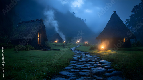 Obraz na płótnie Tranquil Village Landscape with Stone Pathway and Thatched Huts Under a Misty Night Sky w salonie