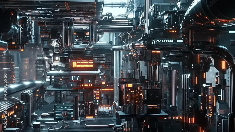 Futuristic urban landscape with intricate neon-lit structures and complex machinery in a bustling city