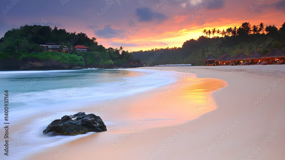 Tropical Beach at Sunset with Golden Light Reflecting on the Sand and Gentle Waves at the Shoreline Under Dramatic Sky