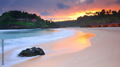 Obraz na płótnie Tropical Beach at Sunset with Golden Light Reflecting on the Sand and Gentle Waves at the Shoreline Under Dramatic Sky w salonie