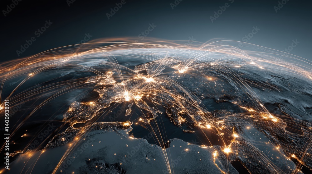 A digital representation of Earth showcasing illuminated connections between cities, emphasizing global networks and communication. A digital representation of Earth showcasing illuminated connections between cities, emphasizing global networks and communication.