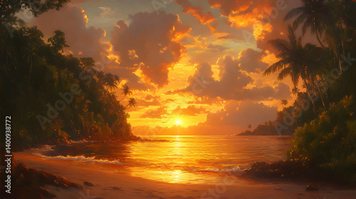 Tropical Beach Sunset with Warm Golden Light Reflecting on the Water and Silhouette of Palm Trees in a Coastal Paradise