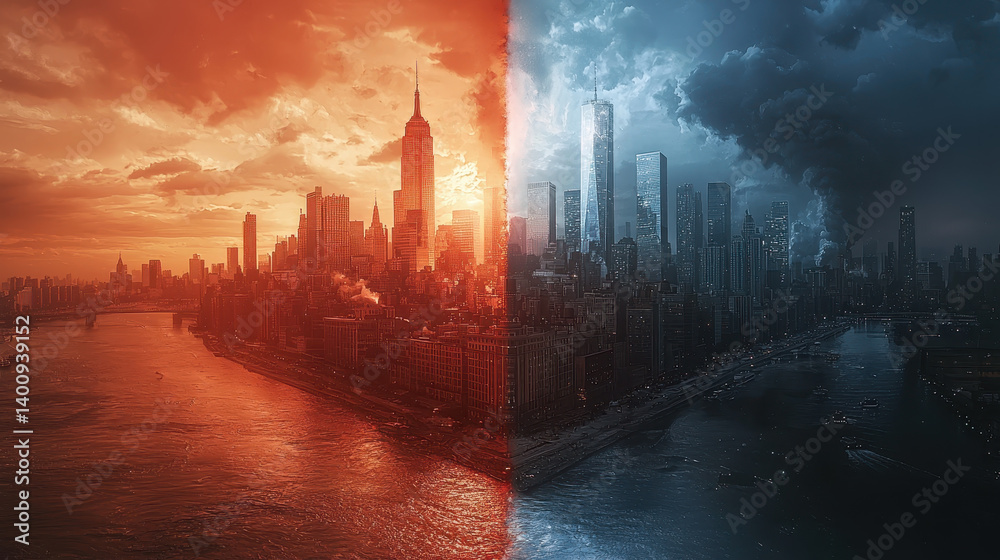 City divided by contrasting futures of automation and social struggle amid environmental collapse