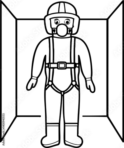 A cartoon-style illustration of a person in protective gear, standing in a confined space, possibly representing safety or emergency situations.