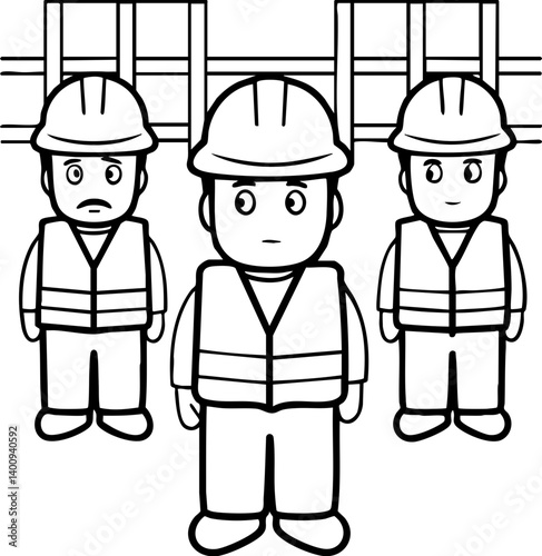Three cartoon construction workers in safety gear standing together, showcasing teamwork and safety in an industrial setting.