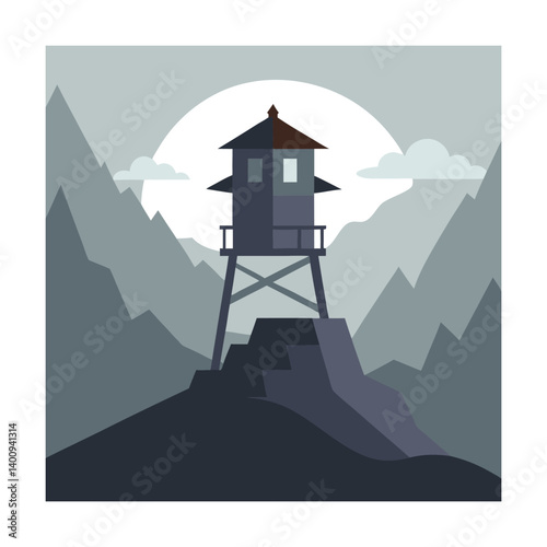 Mountain Lookout Tower Silhouette Against a Misty Landscape