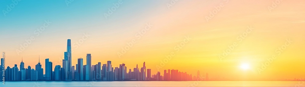 City skyline at sunset, showcasing modern architecture under a colorful sky. City skyline at sunset, showcasing modern architecture under a colorful sky.