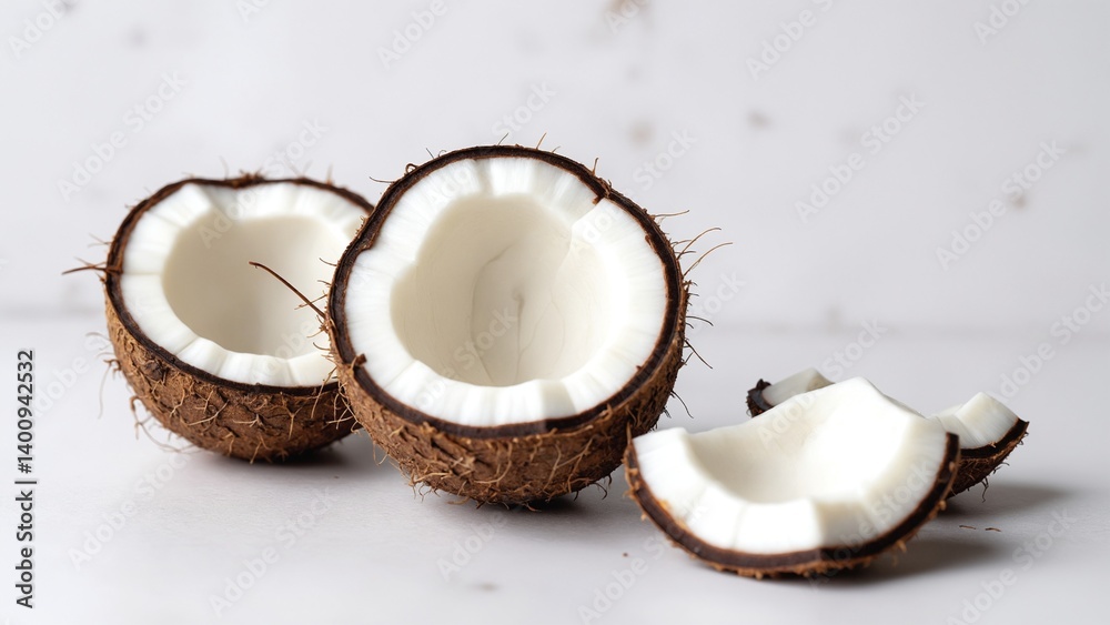 Halved Coconut with White Flesh on a Minimalist Background Halved Coconut with White Flesh on a Minimalist Background