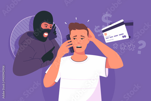Fraudster calls victim on phone. Stealing money from bank account. Telephone fraud. Scammer is trying to find out the card's PIN code via a smartphone. Vector illustration.