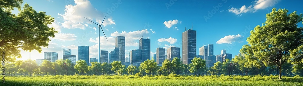 A vibrant city skyline surrounded by greenery and wind turbines showcasing sustainability. A vibrant city skyline surrounded by greenery and wind turbines showcasing sustainability.