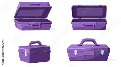 Purple Toolboxes in Various Views Pixel Art Illustration